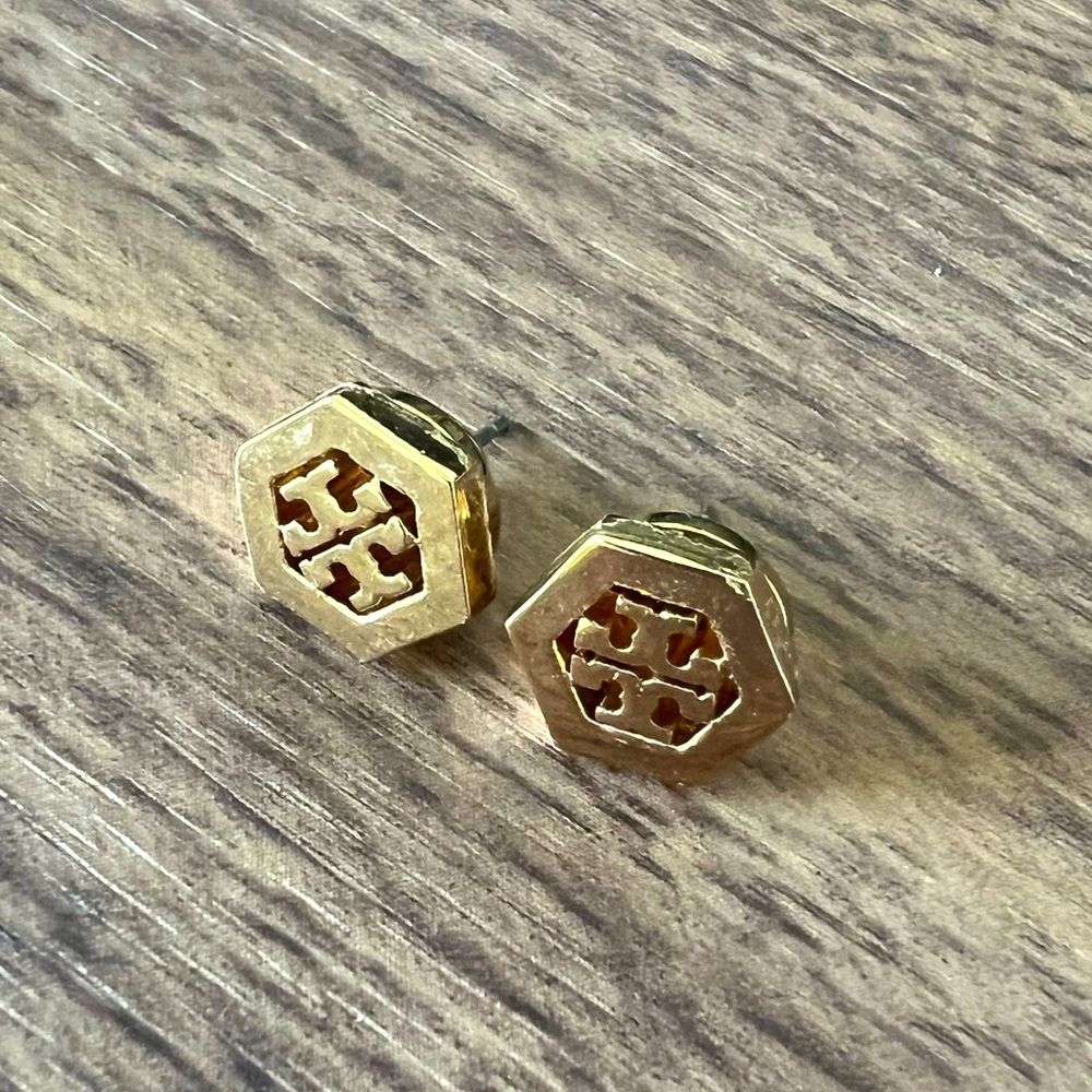 Tory Burch Gold Hexagon Logo Earrings